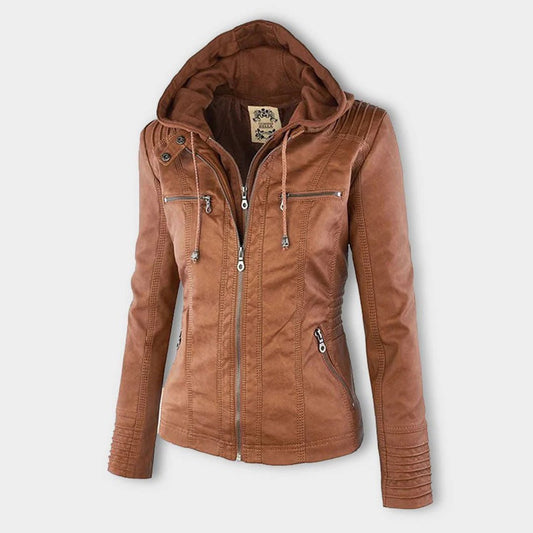 Elegant Faux Leather Moto Jacket for Women with Hooded Collar Long Sleeve Quilted Fitted Style