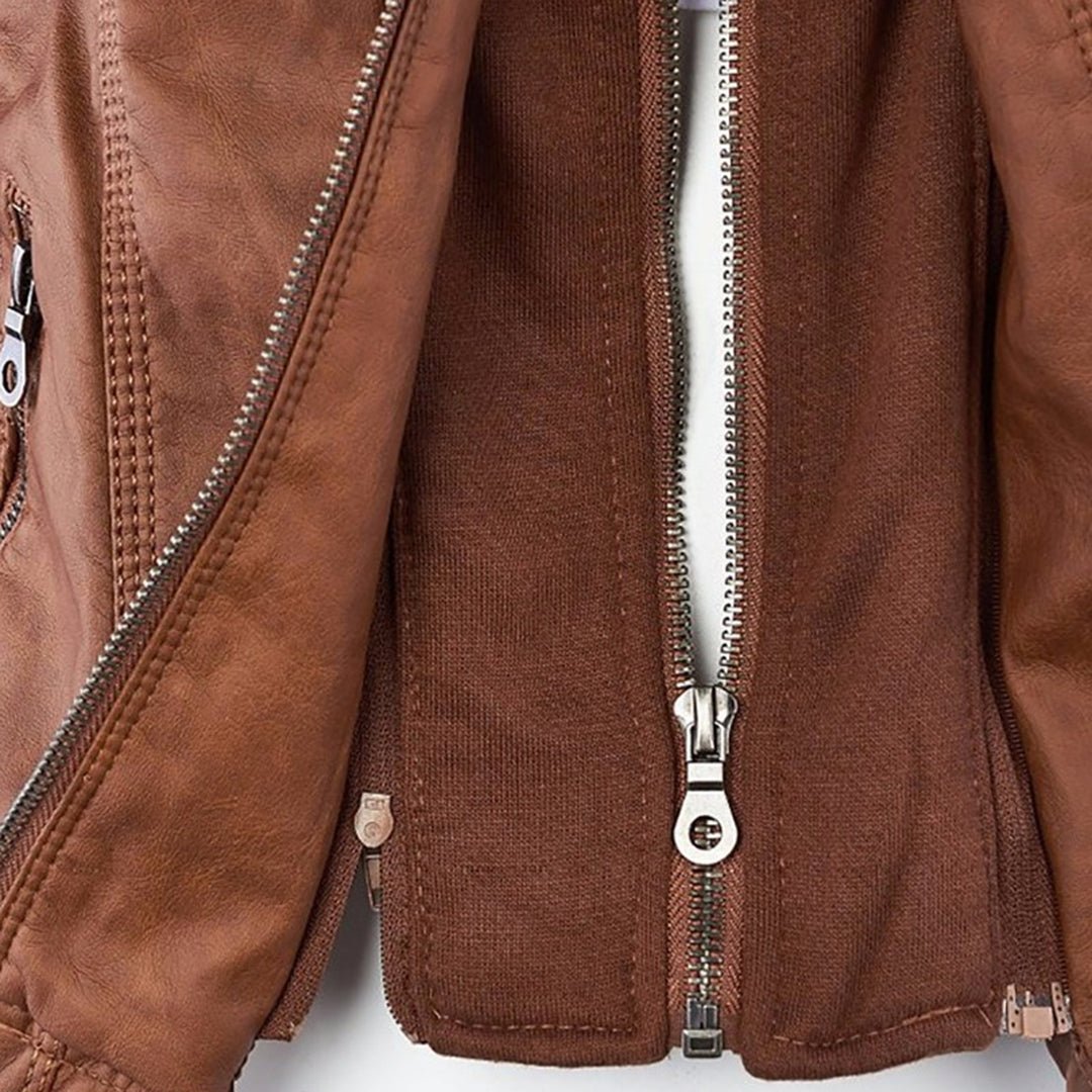 Elegant Faux Leather Moto Jacket for Women with Hooded Collar Long Sleeve Quilted Fitted Style