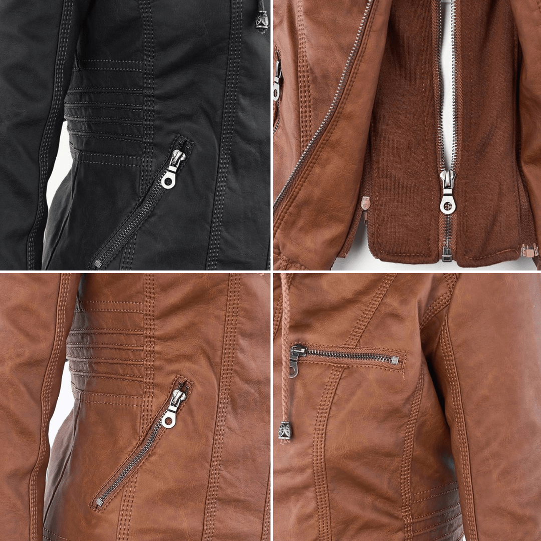 Elegant Faux Leather Moto Jacket for Women with Hooded Collar Long Sleeve Quilted Fitted Style