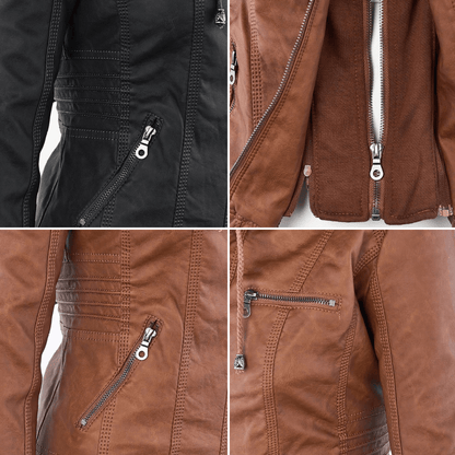 Elegant Faux Leather Moto Jacket for Women with Hooded Collar Long Sleeve Quilted Fitted Style
