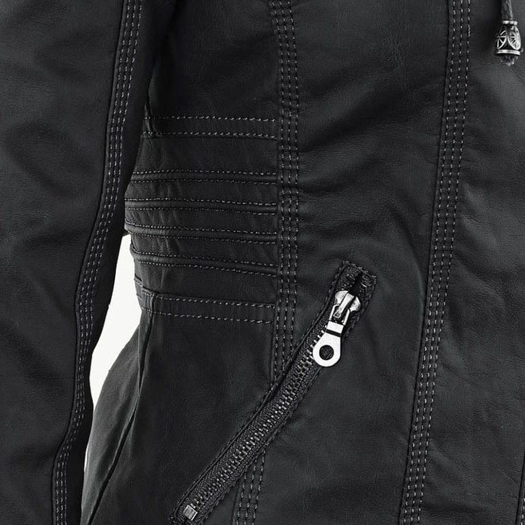 Elegant Faux Leather Moto Jacket for Women with Hooded Collar Long Sleeve Quilted Fitted Style