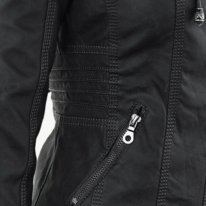 Elegant Faux Leather Moto Jacket for Women with Hooded Collar Long Sleeve Quilted Fitted Style