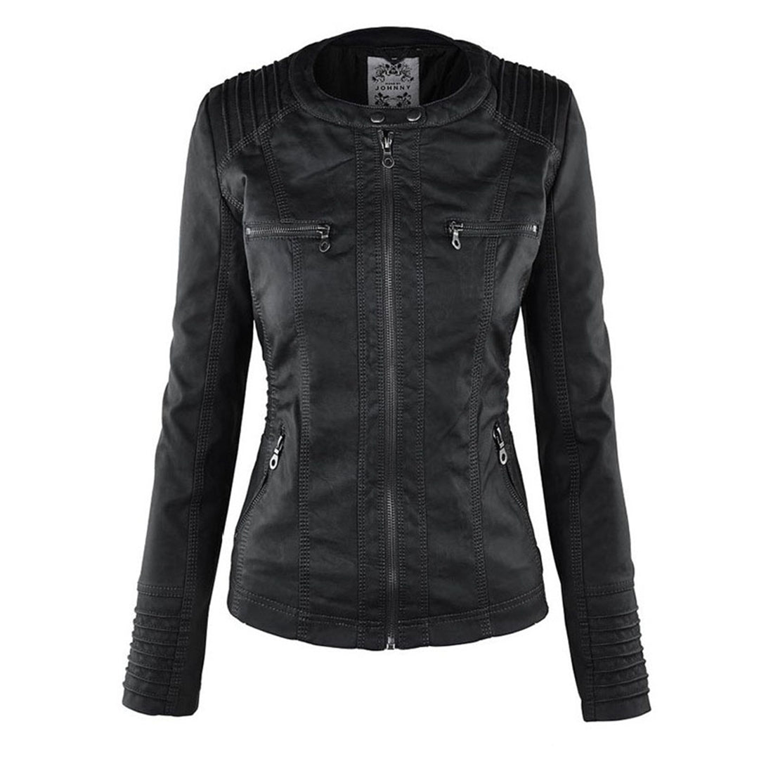 Elegant Faux Leather Moto Jacket for Women with Hooded Collar Long Sleeve Quilted Fitted Style