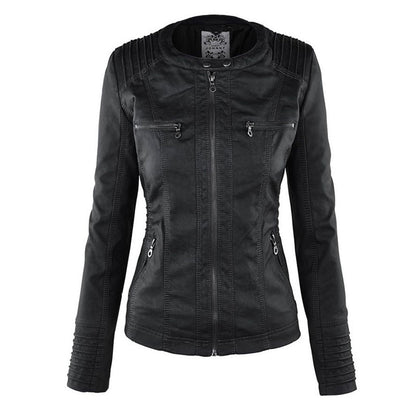 Elegant Faux Leather Moto Jacket for Women with Hooded Collar Long Sleeve Quilted Fitted Style