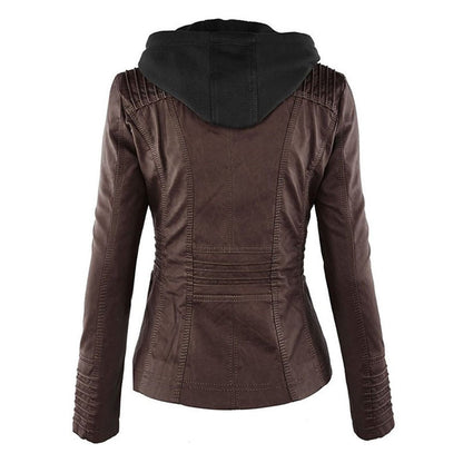 Elegant Faux Leather Moto Jacket for Women with Hooded Collar Long Sleeve Quilted Fitted Style