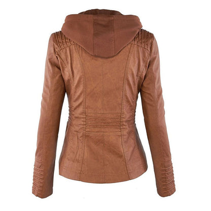 Elegant Faux Leather Moto Jacket for Women with Hooded Collar Long Sleeve Quilted Fitted Style
