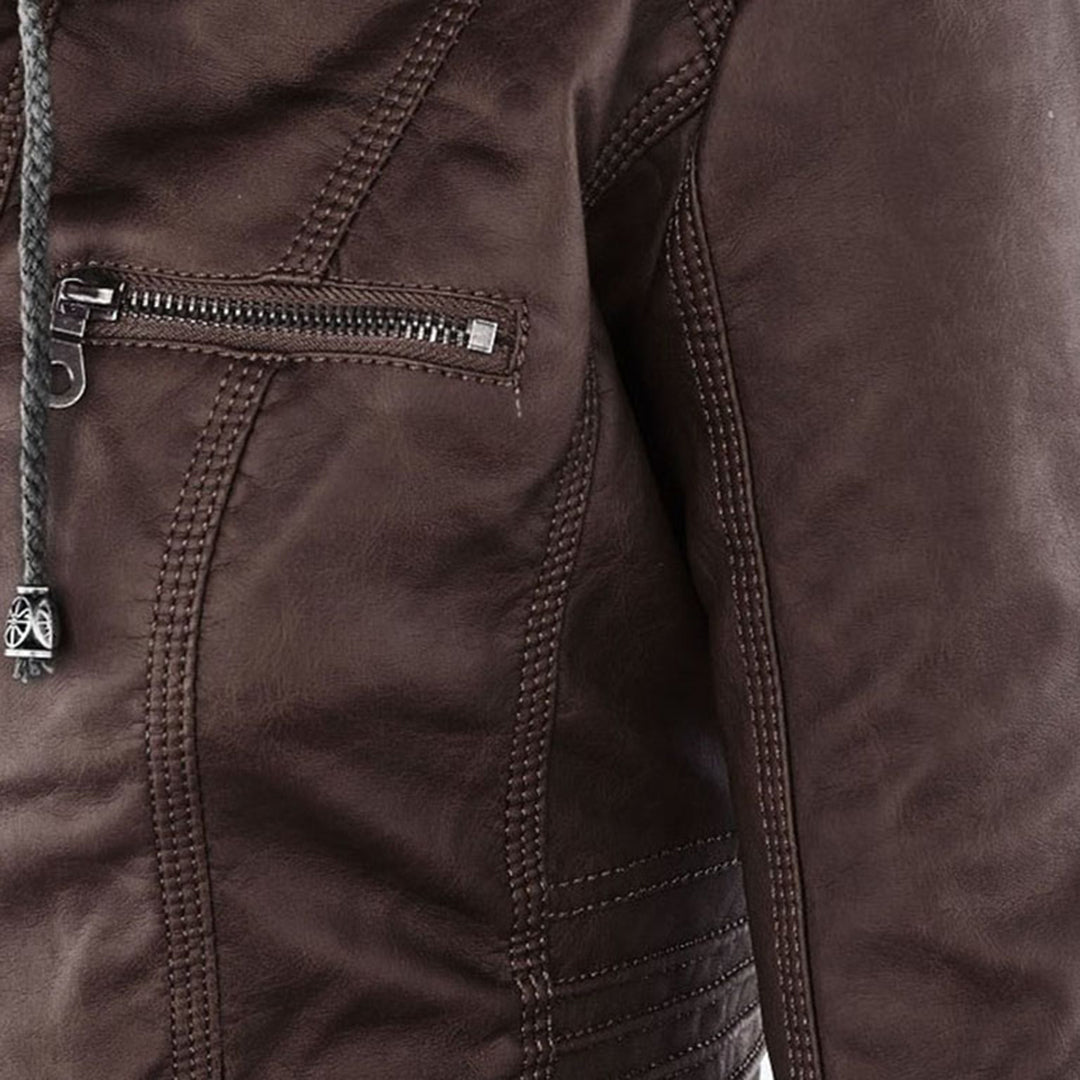 Elegant Faux Leather Moto Jacket for Women with Hooded Collar Long Sleeve Quilted Fitted Style
