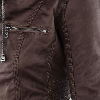 Elegant Faux Leather Moto Jacket for Women with Hooded Collar Long Sleeve Quilted Fitted Style