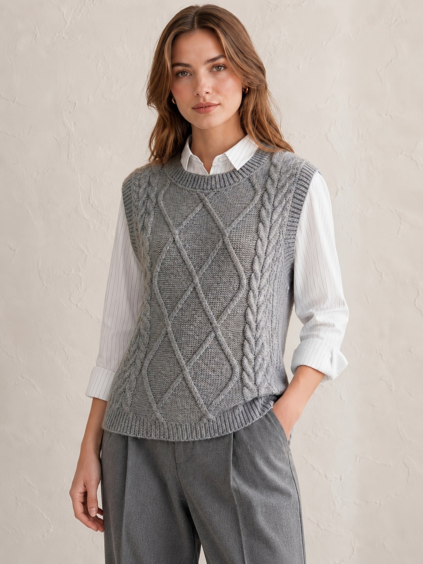 Comfortable Cable Sweater Vest for Women with Crew Neck Sleeveless Relaxed Oversized Knit Style
