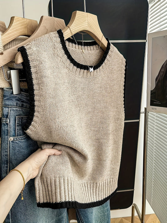 Comfortable Colorblock Knit Sweater Vest for Women with Crew Neck Sleeveless Ribbed Hem Oversized Style