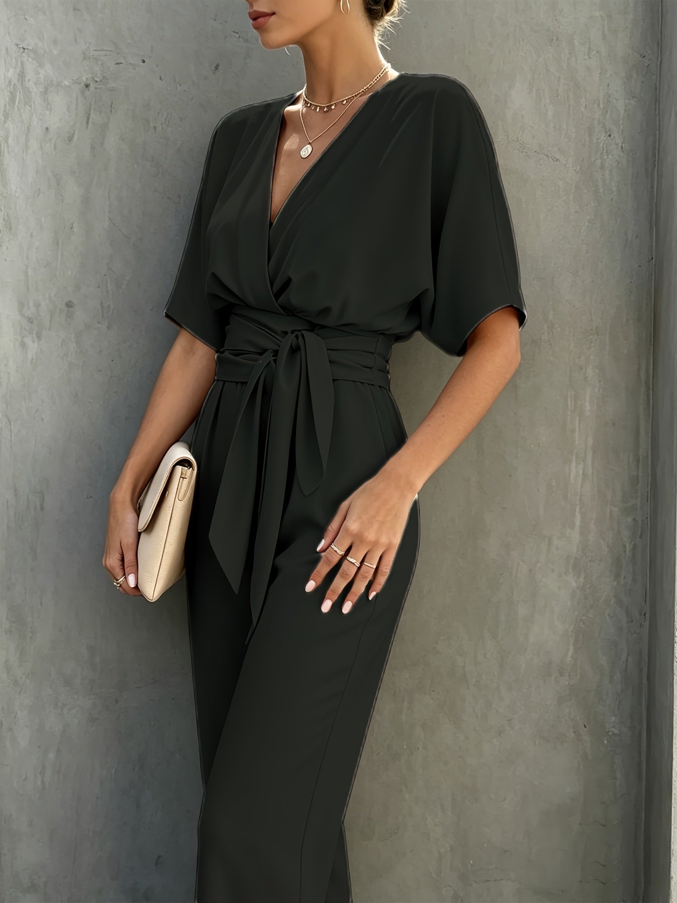 Elegant Wrap Jumpsuit for Women with V Neck Half Sleeve Belted Wide Leg Style