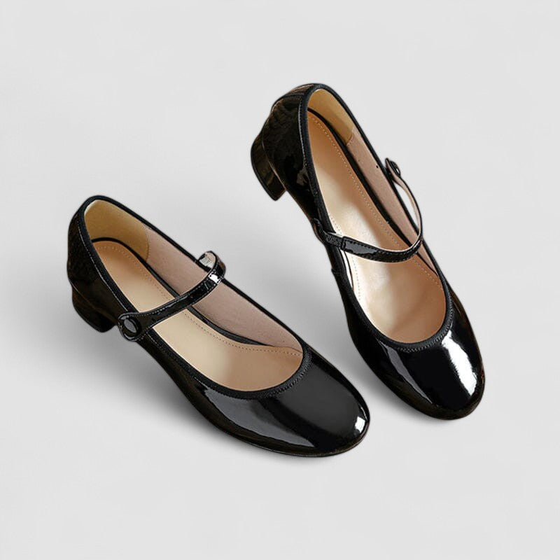 Elegant Patent Leather Mary Jane Shoes for Women with Round Toe Ankle Strap Block Heel Style