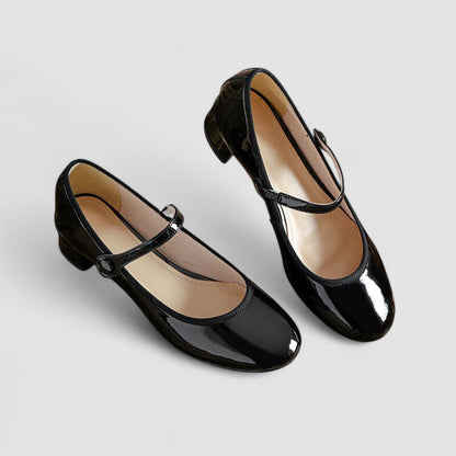 Elegant Patent Leather Mary Jane Shoes for Women with Round Toe Ankle Strap Block Heel Style