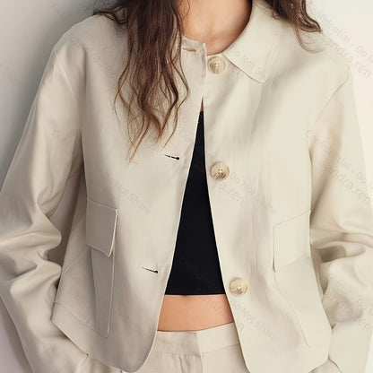Effortless Apricot Wide Leg Set for Women with Collared Cropped Jacket Button Front Relaxed Style