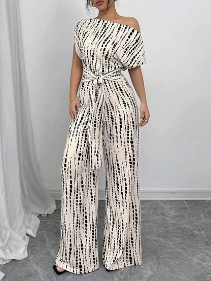 Elegant Apricot Abstract Print Jumpsuit for Women with One Shoulder Short Sleeve Belted Wide Leg Style
