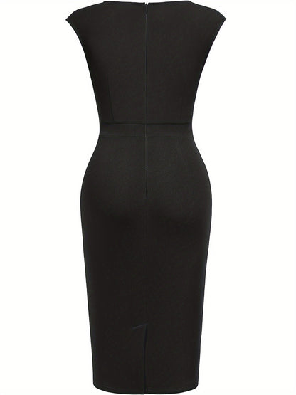Elegant Sheath Midi Dress for Women with Sweetheart Neck Cap Sleeve Ruched Bodycon Style