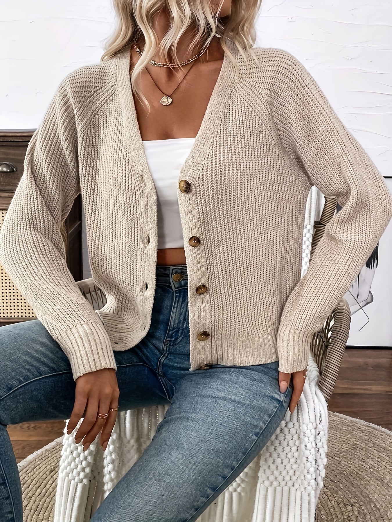 Comfortable Ribbed Knit Cardigan Sweater for Women with V Neck Long Sleeve Button Front Relaxed Style