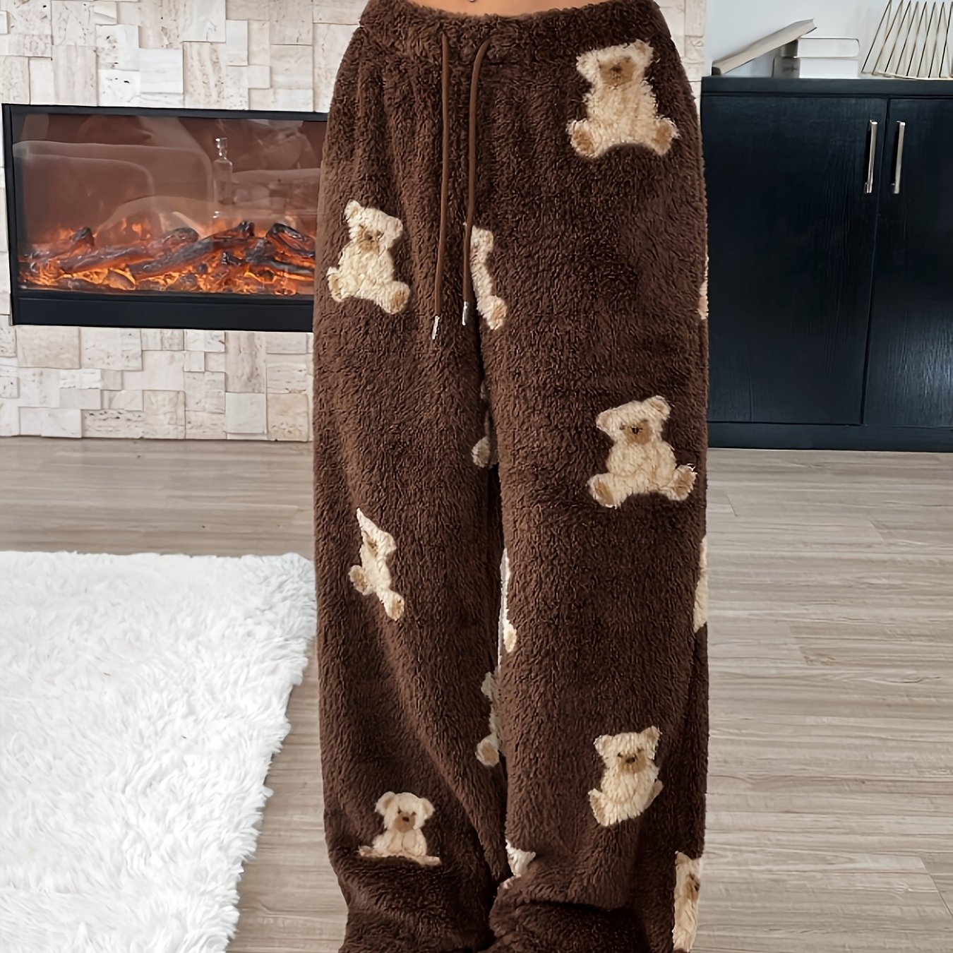 Comfortable Dark Brown Teddy Bear Print Fleece Pants for Women with High Waist Drawstring Wide Leg Relaxed Casual Style