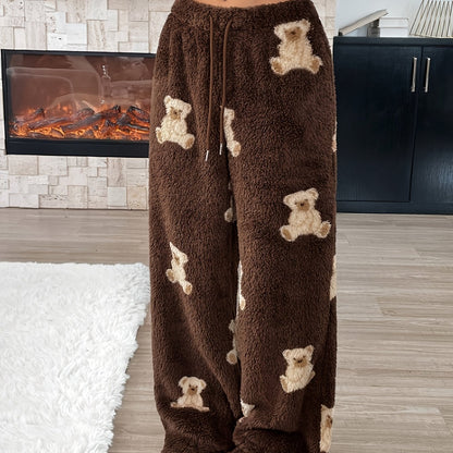 Comfortable Dark Brown Teddy Bear Print Fleece Pants for Women with High Waist Drawstring Wide Leg Relaxed Casual Style