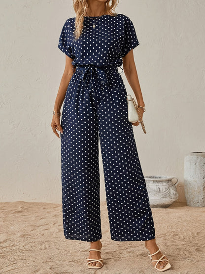 Effortless Polka Dot Jumpsuit for Women with Boat Neck Short Sleeve Tied Waist Wide Leg Style