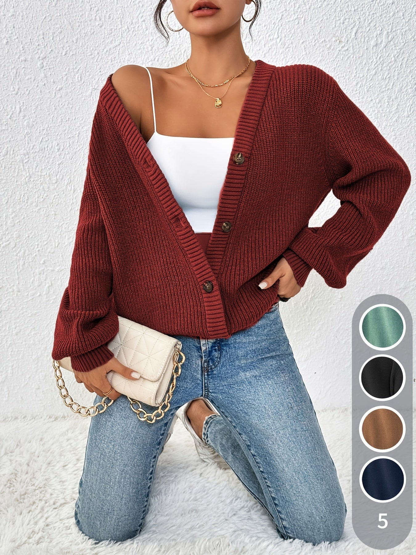 Comfortable Ribbed Knit Cardigan for Women with V Neck Balloon Sleeve Button Front Oversized Style