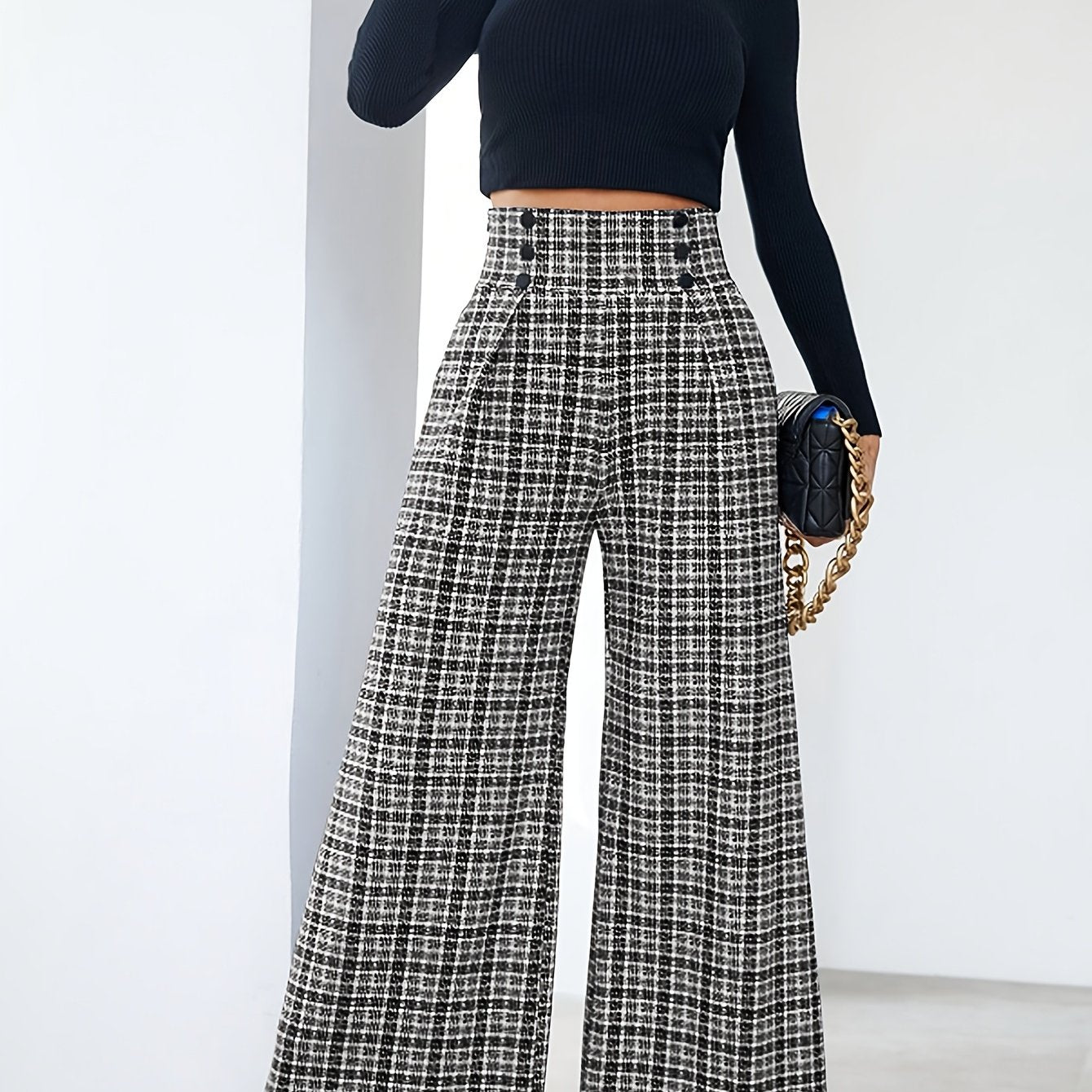 Elegant Multicolor Plaid Wide Leg Pants for Women with High Waist Button Front Pleated Casual Style