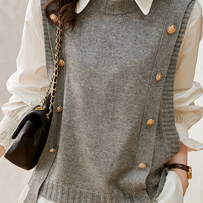 Comfortable Knit Sweater Vest for Women with Round Neck Sleeveless Button Front Ribbed Trim Style