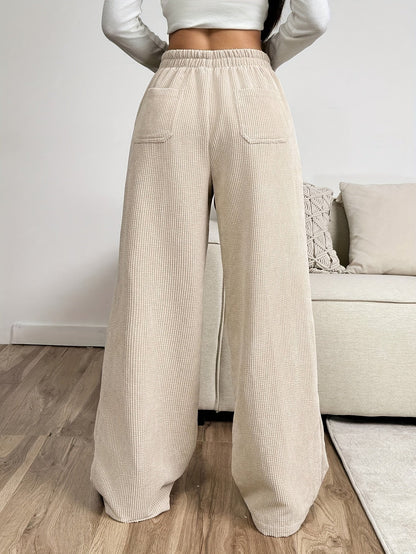 Effortless Apricot Waffle Knit Wide Leg Pants for Women with High Waist Drawstring Relaxed Casual Style