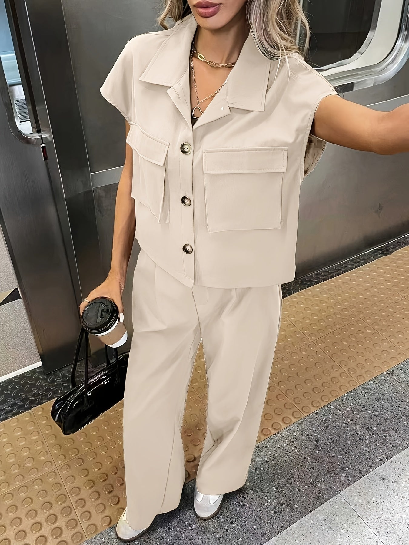 Effortless Wide Leg Set for Women with Collar Short Sleeve Utility Jacket Two Piece Style