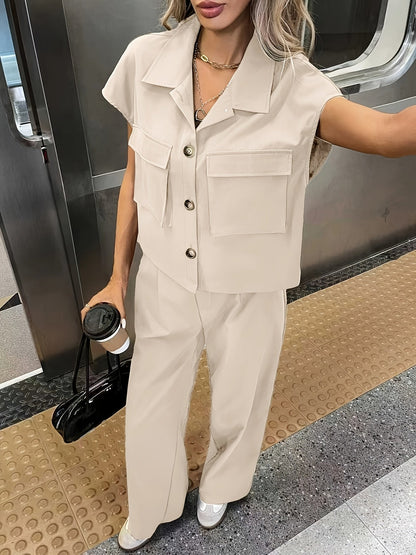 Effortless Wide Leg Set for Women with Collar Short Sleeve Utility Jacket Two Piece Style