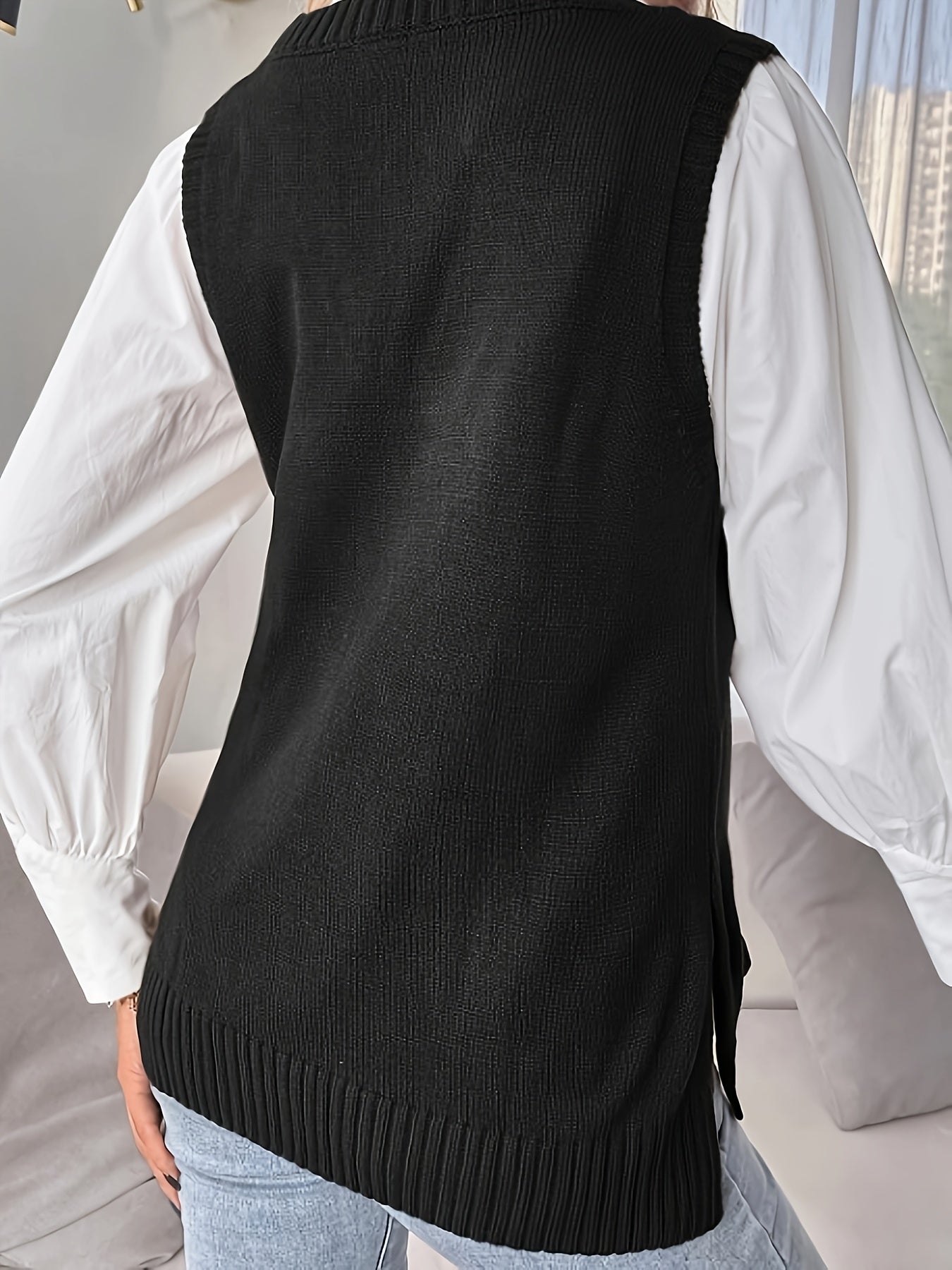 Comfortable Ribbed Knit Sweater Vest for Women with V Neck Sleeveless Relaxed Side Slit Casual Style