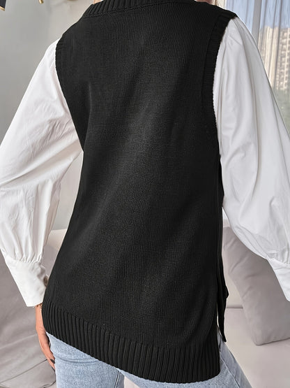 Comfortable Ribbed Knit Sweater Vest for Women with V Neck Sleeveless Relaxed Side Slit Casual Style