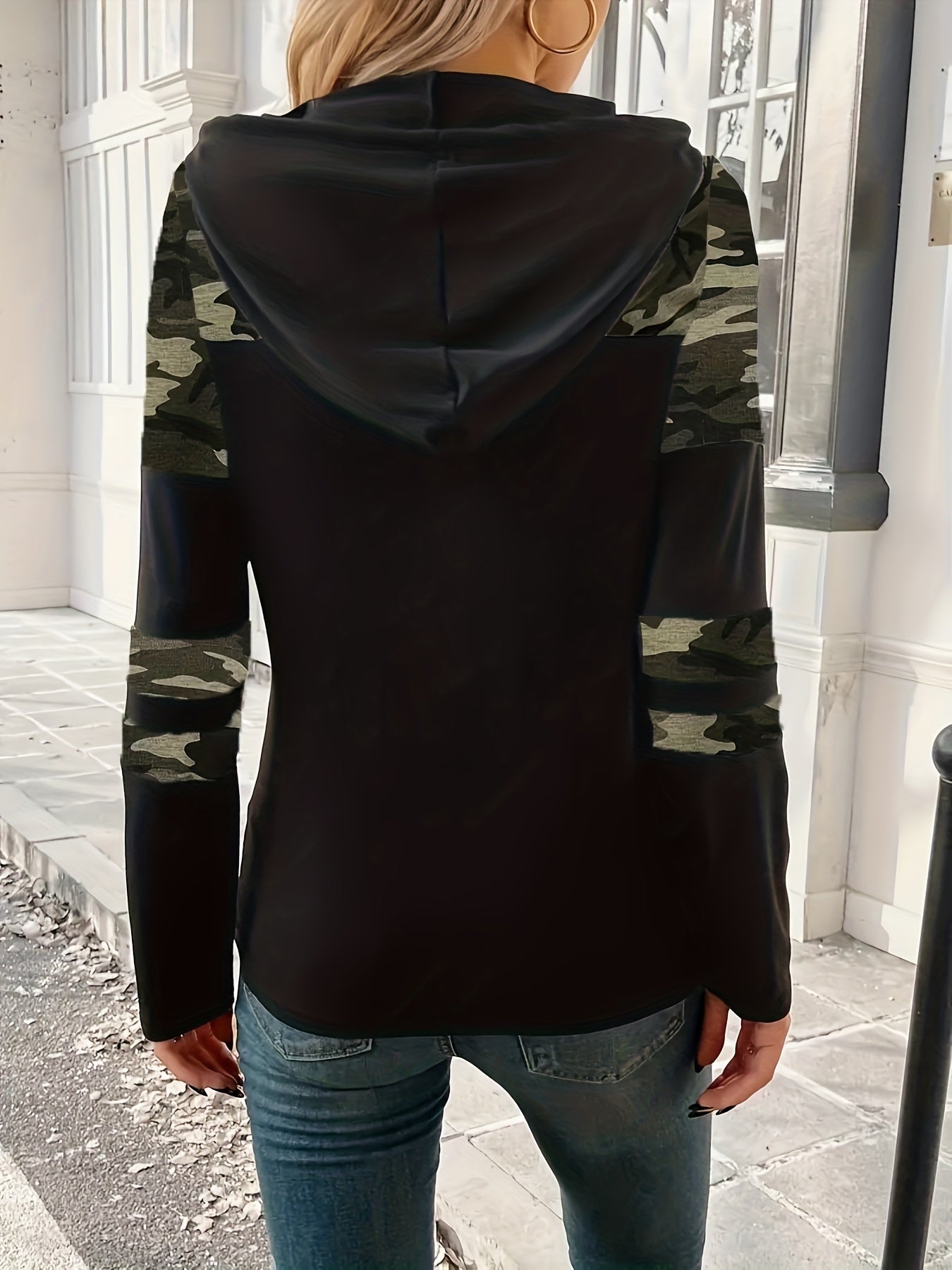 Effortless Camo Colorblock Hoodie for Women with Drawstring Hood Long Sleeve Relaxed Casual Style
