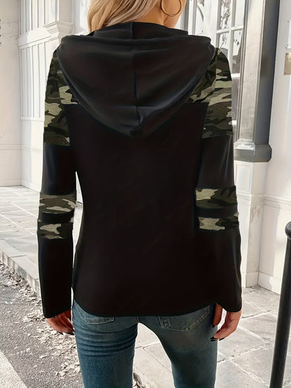 Effortless Camo Colorblock Hoodie for Women with Drawstring Hood Long Sleeve Relaxed Casual Style