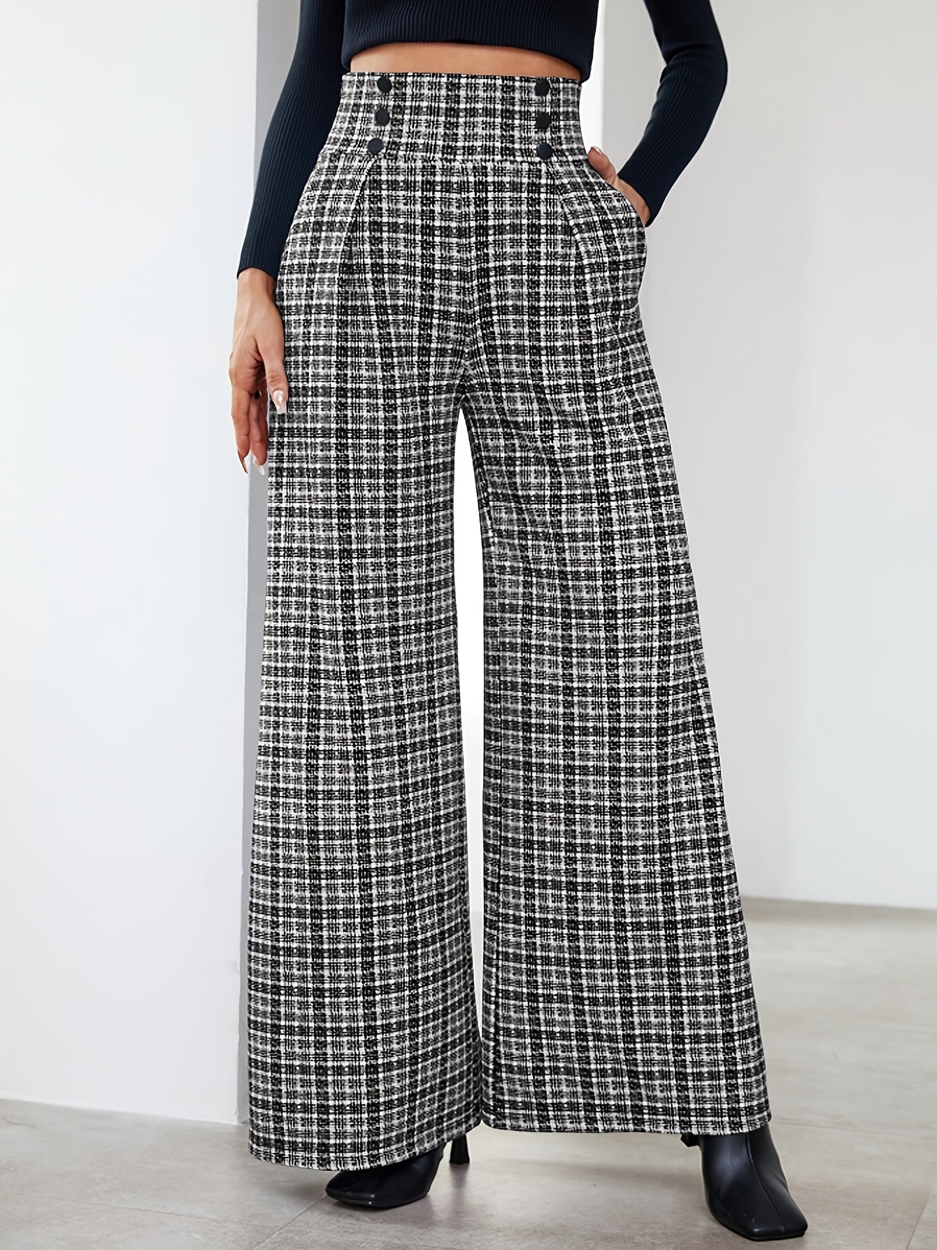 Elegant Multicolor Plaid Wide Leg Pants for Women with High Waist Button Front Pleated Casual Style