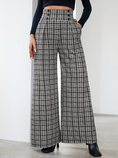 Elegant Multicolor Plaid Wide Leg Pants for Women with High Waist Button Front Pleated Casual Style