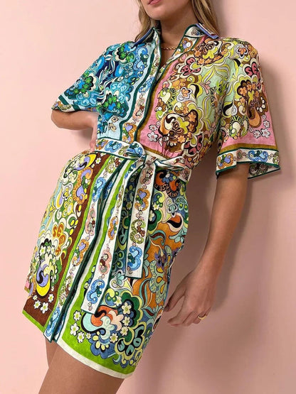 Elegant Multicolor Paisley Print Mini Dress for Women with Collar Short Sleeve Belted Retro Style
