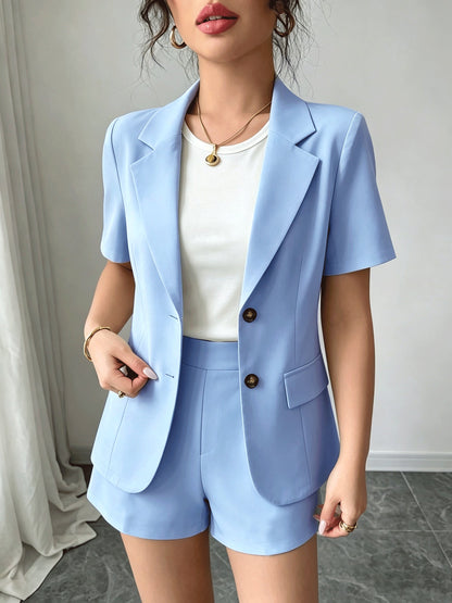 Elegant Tailored Short Suit for Women with Notched Lapel Half Sleeve Button Front Blazer Two Piece Style