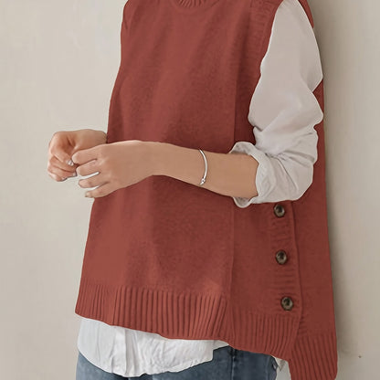 Comfortable Sweater Vest for Women with Mock Neck Sleeveless Side Button Relaxed Oversized Knit Style