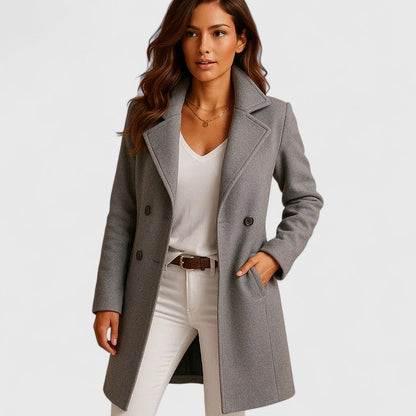 Elegant Wool Pea Coat for Women with Notch Lapel Long Sleeve Tailored Longline Style