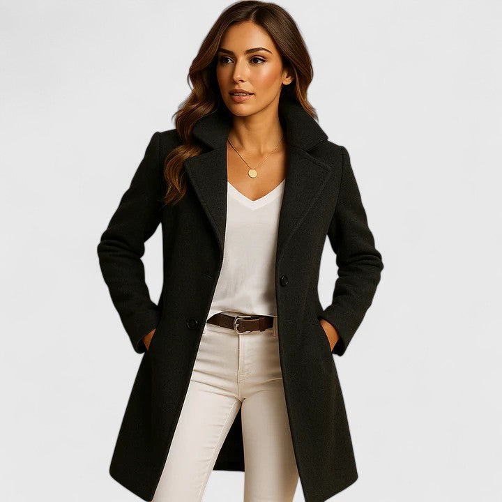 Elegant Wool Pea Coat for Women with Notch Lapel Long Sleeve Tailored Longline Style