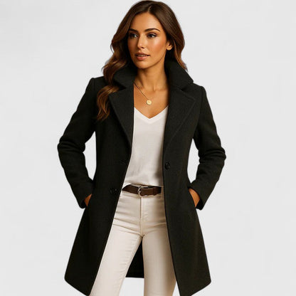 Elegant Wool Pea Coat for Women with Notch Lapel Long Sleeve Tailored Longline Style