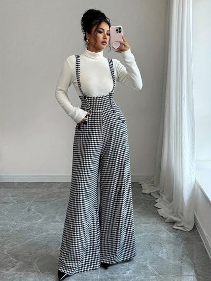 Elegant Houndstooth Wide Leg Overalls for Women with Square Neck Sleeveless High Waist Button Front Relaxed Style