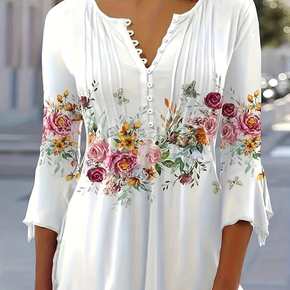 Effortless White Floral Blouse for Women with V Neck Bell Sleeve Button Front Pleated Casual Style