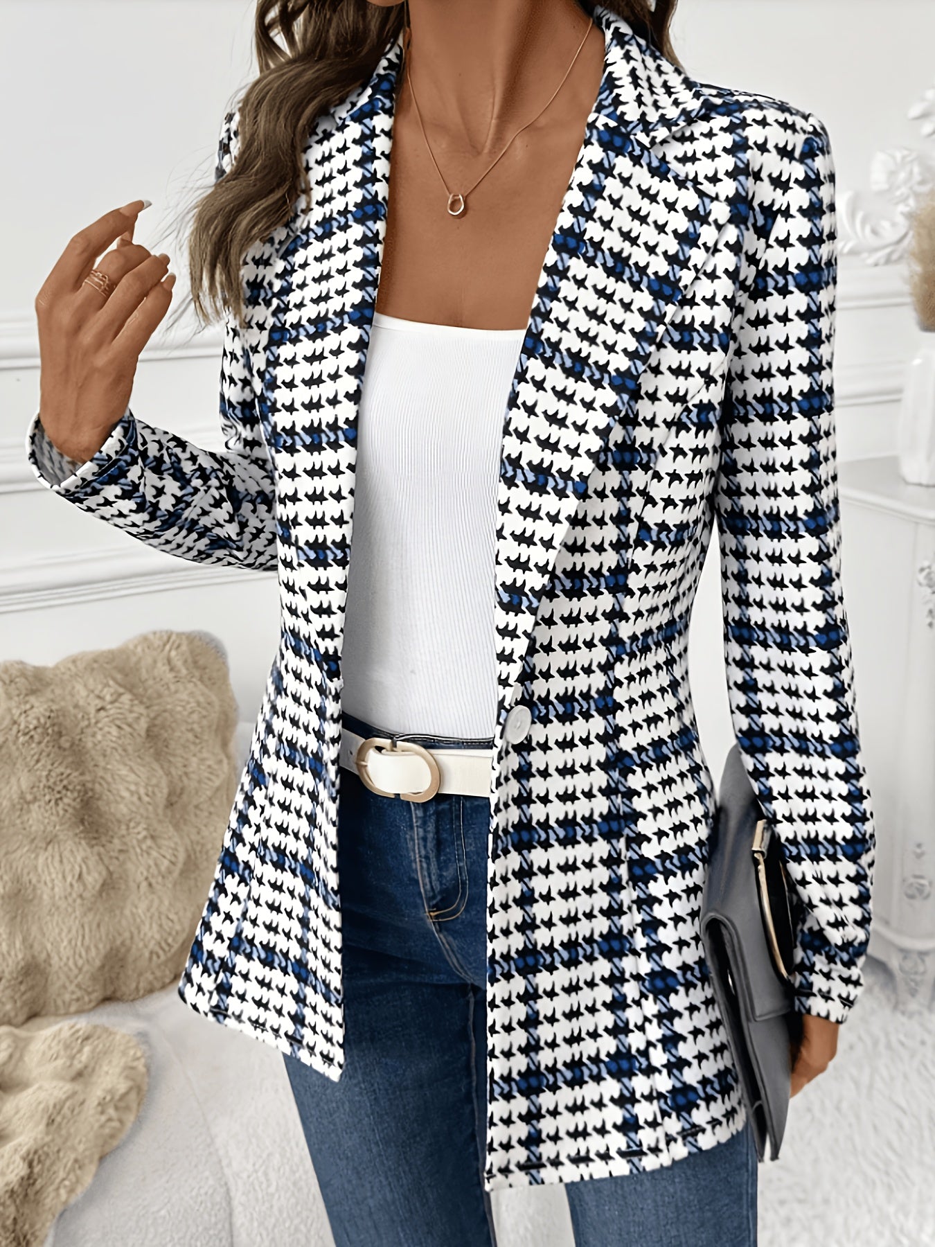 Elegant Navy Houndstooth Blazer for Women with Notch Lapel Long Sleeve Open Front Tailored Style