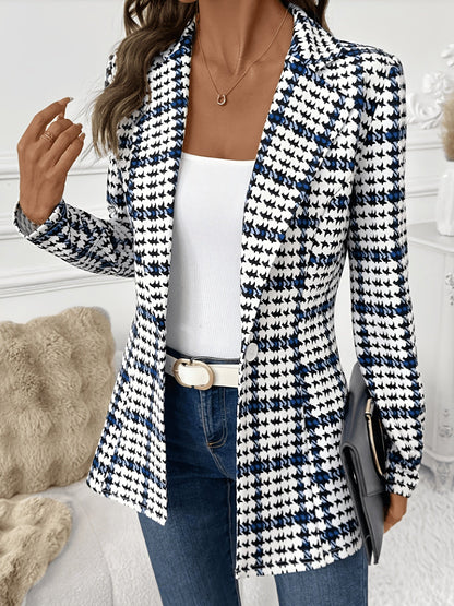 Elegant Navy Houndstooth Blazer for Women with Notch Lapel Long Sleeve Open Front Tailored Style