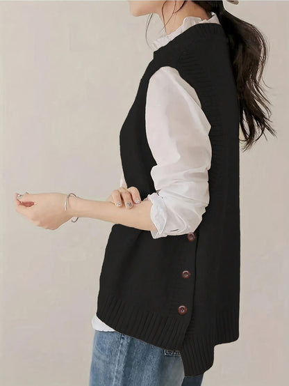 Comfortable Sweater Vest for Women with Mock Neck Sleeveless Side Button Relaxed Oversized Knit Style