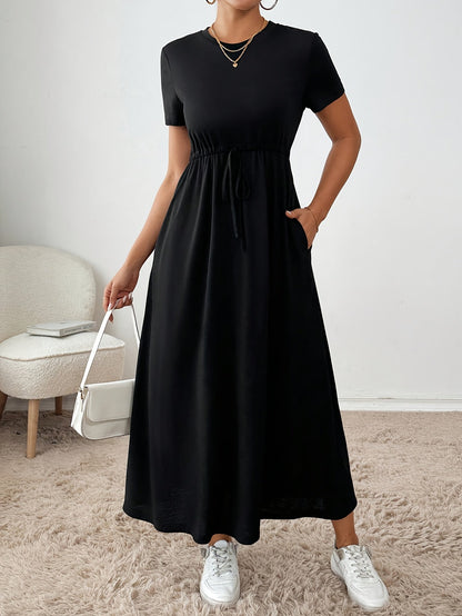 Effortless Drawstring Maxi Dress for Women with Round Neck Short Sleeve Cinched Waist Flowing Casual Style