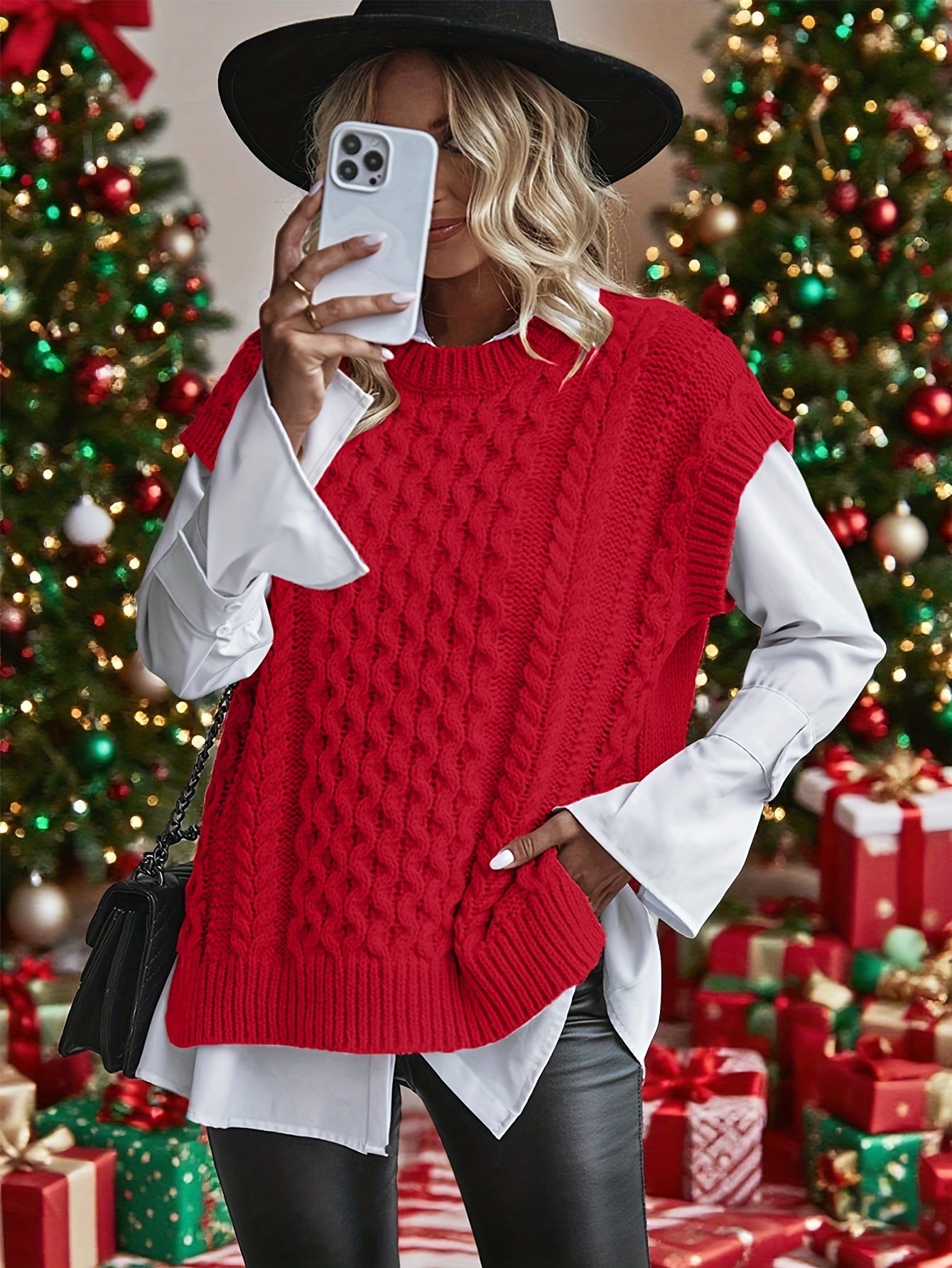Comfortable Cable Knit Sweater Vest for Women with Crew Neck Sleeveless Oversized Relaxed Knit Style