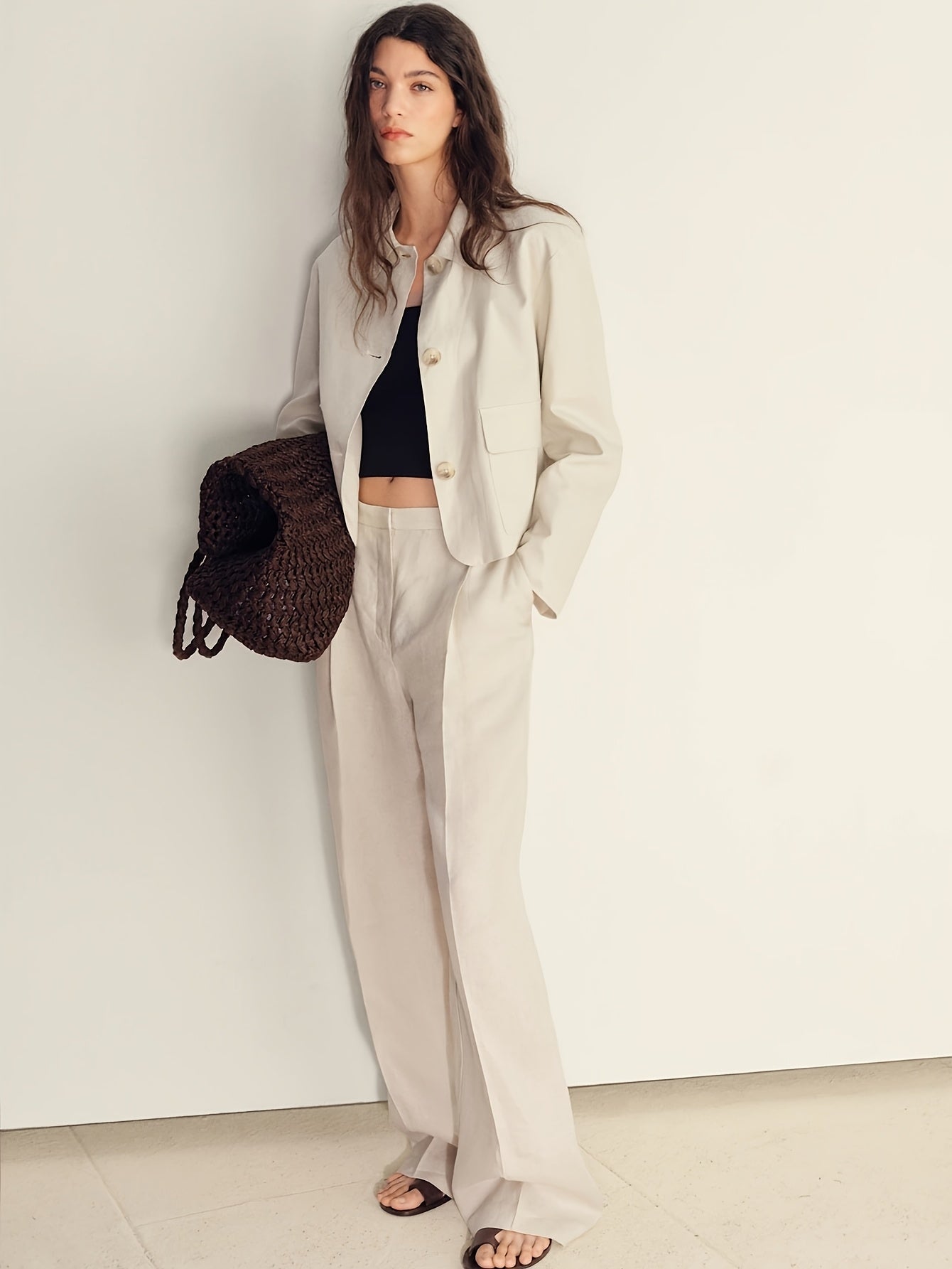 Effortless Apricot Wide Leg Set for Women with Collared Cropped Jacket Button Front Relaxed Style